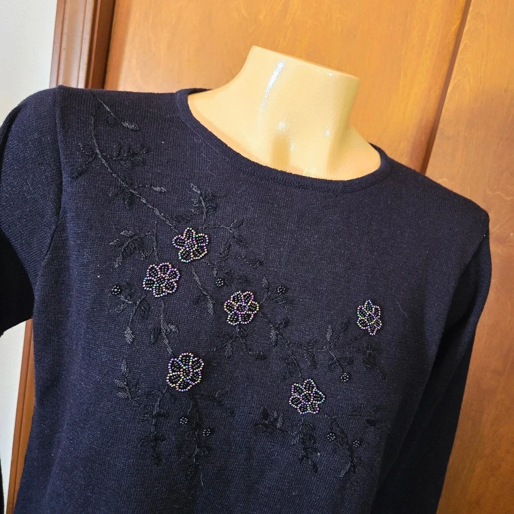 Vintage Jenny Black Beaded Floral Embroidery Long Sleeve‎ Knit Top Womens Small
